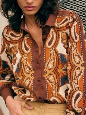 Sezane Claudio Brown and Orange Paisley Button Down Shirt